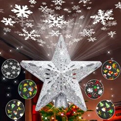 WinPull Christmas Tree Topper Lighted With 6 Pattern Projection Modes, Christmas Star Tree Topper Built-in LED Rotating Lights, 3D Glitter Projector For Christmas Decorations (Silver)