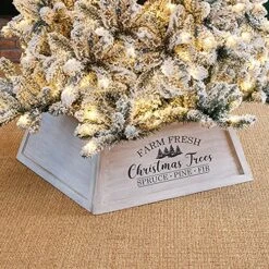 Glitzhome 26" L Washed White Wooden Tree Collar, Rustic Trapezoid Tree Stand Cover Farm Fresh Christmas Tree Skirt Box