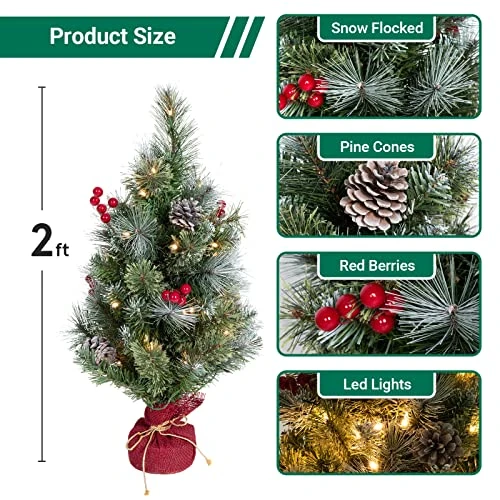 JOYDECOR 2PCS 2FT Artificial Snow Flocked Pre-lit Christmas Tree With Lights Pine Cones Berries And Cloth Bag Base For Indoor Porch Table, Xmas Holiday Decoration, White 4 JOYDECOR 2PCS 2FT Artificial Snow Flocked Pre-lit Christmas Tree With Lights Pine Cones Berries And Cloth Bag Base For Indoor Porch Table, Xmas Holiday Decoration, White - Image 2