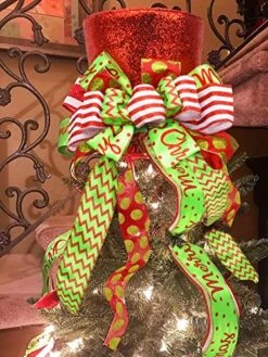 Yuboo Sequin Christmas Tree Topper,Red Green Tree Topper Bow Hat With Red Streamer,Hanging Decorative Xmas Ornament Set For Christmas Decor & Gift