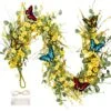 6FT Artificial Daisy Garland, Fake Flowers Eucalyptus Greenery And Mixed Flowers Vines With Butterflies And Light String, Spring/Summer Front Door Garland For Wedding Home Wall Indoor Front Door Decor