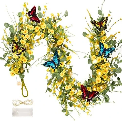 6FT Artificial Daisy Garland, Fake Flowers Eucalyptus Greenery And Mixed Flowers Vines With Butterflies And Light String, Spring/Summer Front Door Garland For Wedding Home Wall Indoor Front Door Decor 8 6FT Artificial Daisy Garland, Fake Flowers Eucalyptus Greenery And Mixed Flowers Vines With Butterflies And Light String, Spring/Summer Front Door Garland For Wedding Home Wall Indoor Front Door Decor - Image 6