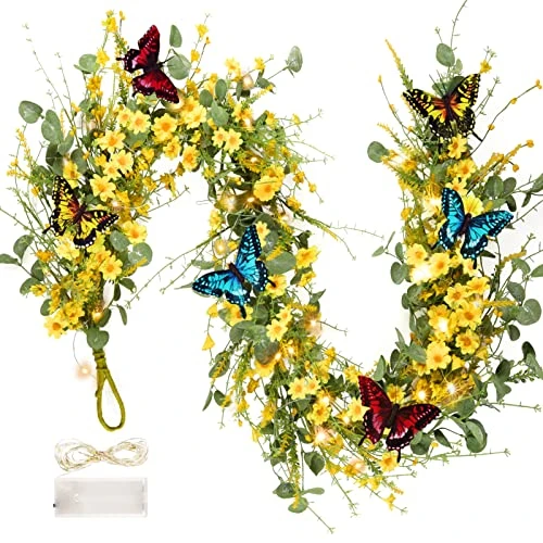 6FT Artificial Daisy Garland, Fake Flowers Eucalyptus Greenery And Mixed Flowers Vines With Butterflies And Light String, Spring/Summer Front Door Garland For Wedding Home Wall Indoor Front Door Decor 3 6FT Artificial Daisy Garland, Fake Flowers Eucalyptus Greenery And Mixed Flowers Vines With Butterflies And Light String, Spring/Summer Front Door Garland For Wedding Home Wall Indoor Front Door Decor