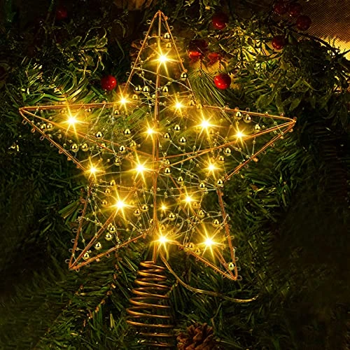 11.4" Christmas Star Tree Topper, Gold Beads Twined Star Hollow Tree Topper, Built In 15 Bulbs Gold Tree Toppers For Indoor Christmas Xmas Decorations Holiday Seasonal Decor 3 11.4" Christmas Star Tree Topper, Gold Beads Twined Star Hollow Tree Topper, Built In 15 Bulbs Gold Tree Toppers For Indoor Christmas Xmas Decorations Holiday Seasonal Decor