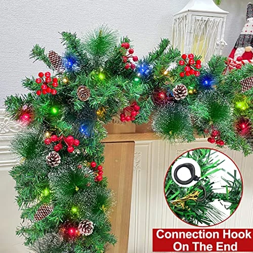 AMENON 9 Ft 100 LED Prelit Christmas Garland Decoration Light Timer 8 Modes 30 Snowy Bristle Pine 198 Red Berries Pinecones Battery Opperate Mantle Garland Fireplace Indoor Home Xmas Decor(Colorful) 5 AMENON 9 Ft 100 LED Prelit Christmas Garland Decoration Light Timer 8 Modes 30 Snowy Bristle Pine 198 Red Berries Pinecones Battery Opperate Mantle Garland Fireplace Indoor Home Xmas Decor(Colorful) - Image 3
