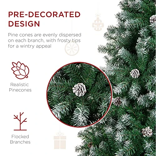Best Choice Products 7.5ft Pre-Decorated Holiday Christmas Tree For Home, Office, Party Decoration W/ 1,346 PVC Branch Tips, Partially Flocked Design, Pine Cones, Metal Hinges & Base - Green/White 4 Best Choice Products 7.5ft Pre-Decorated Holiday Christmas Tree For Home, Office, Party Decoration W/ 1,346 PVC Branch Tips, Partially Flocked Design, Pine Cones, Metal Hinges & Base - Green/White - Image 2