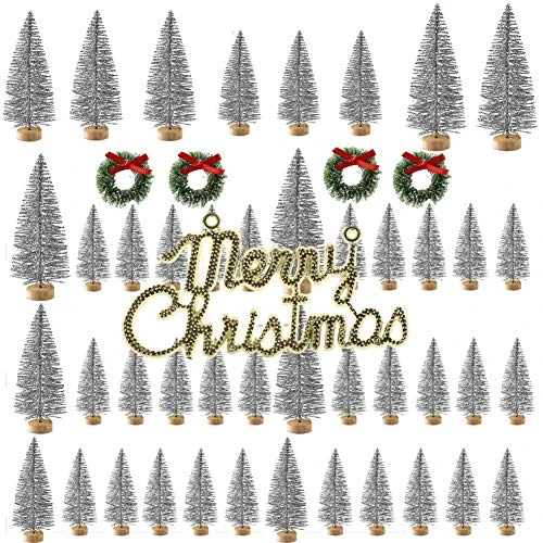 INFILM 49 Pieces Mini Christmas Tree, Artificial Sisal Snow Bottle Brush Trees Set With Wooden Base For Christmas Table Decorations, DIY Room Decor (Silver) 3 INFILM 49 Pieces Mini Christmas Tree, Artificial Sisal Snow Bottle Brush Trees Set With Wooden Base For Christmas Table Decorations, DIY Room Decor (Silver)
