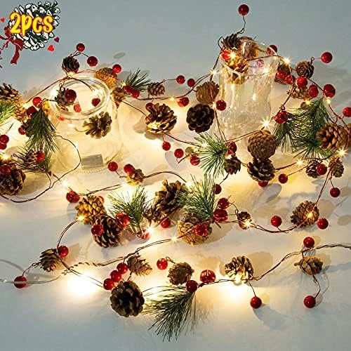Artificial Christmas Garland With Lights - Battery Operated 6.56FT Prelit Garland With 20 LED Lights, Red Berries, Pine Cones, Pine Needles Decor For Xmas Tree Thanksgiving Home Fireplace Party 11 Artificial Christmas Garland With Lights - Battery Operated 6.56FT Prelit Garland With 20 LED Lights, Red Berries, Pine Cones, Pine Needles Decor For Xmas Tree Thanksgiving Home Fireplace Party - Image 9